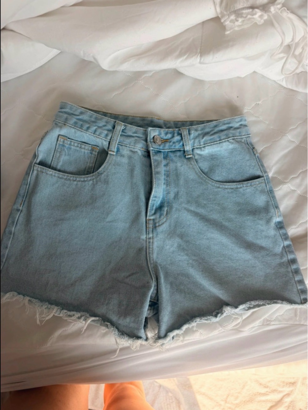 SHEIN Light Blue High-Rise Denim Shorts with Frayed Hem